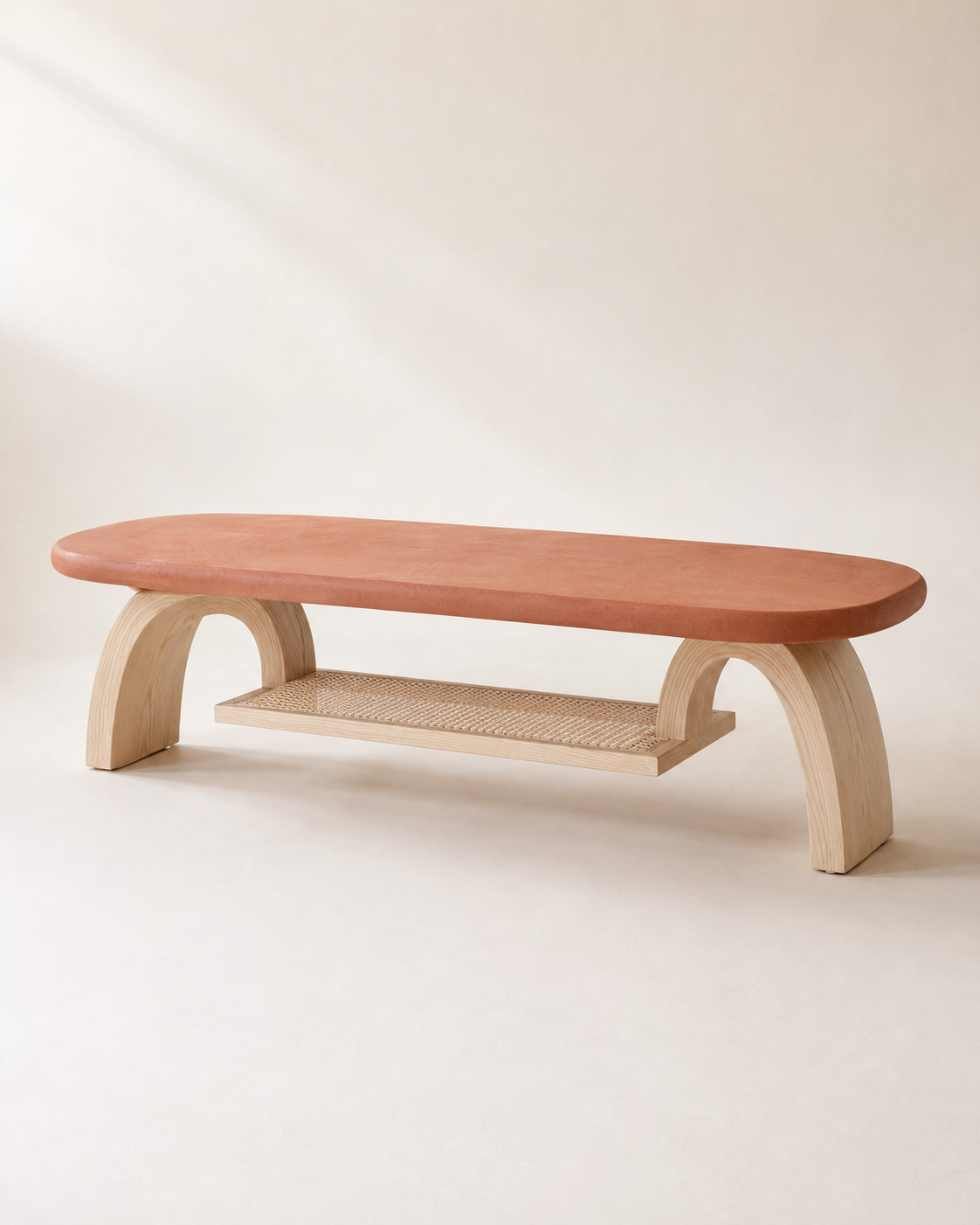 Aurelle Bridge Coffee Table with Woven Cane Shelf