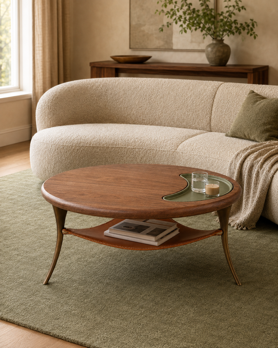 Velora Crescent Walnut Coffee Table with Ceramic Tray