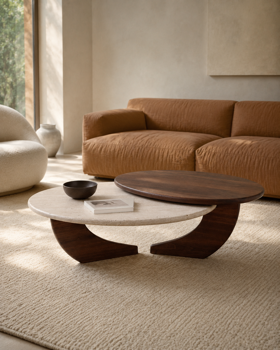 Lunea Pivot Travertine & Walnut Coffee Table