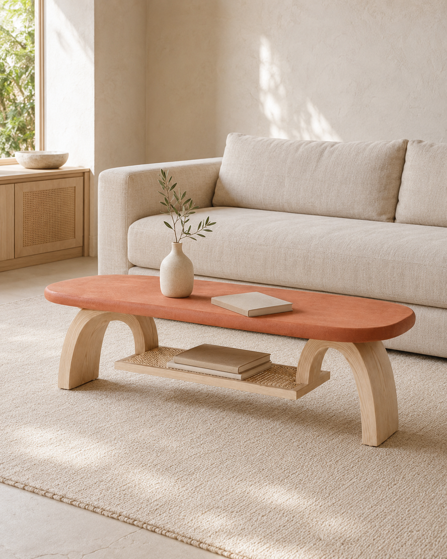 Aurelle Bridge Coffee Table with Woven Cane Shelf
