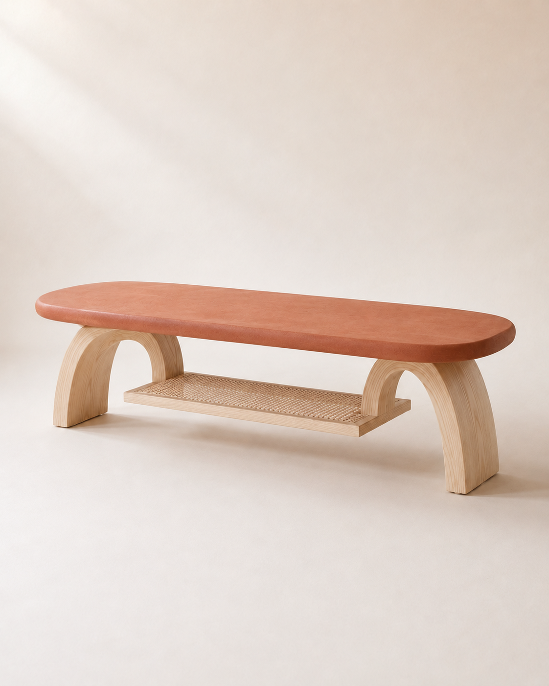 Aurelle Bridge Coffee Table with Woven Cane Shelf